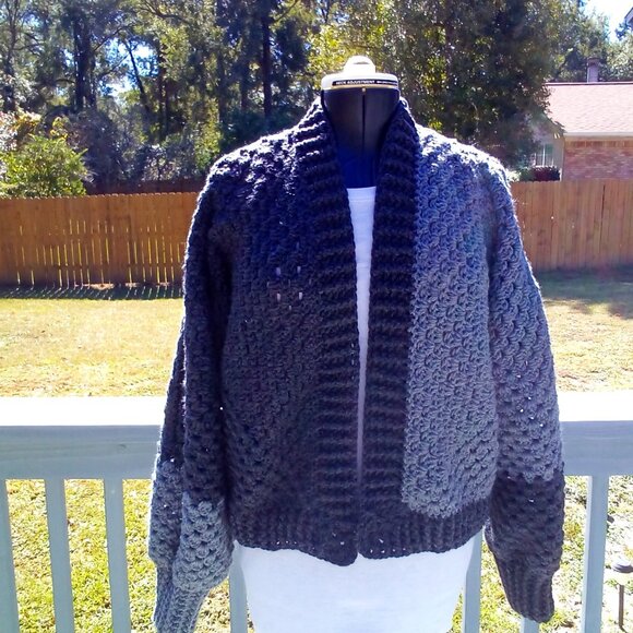 Handed Crafted Hexagon Cardigan, Size Large, Color Medium Gray and Dark Gray. - Picture 1 of 6